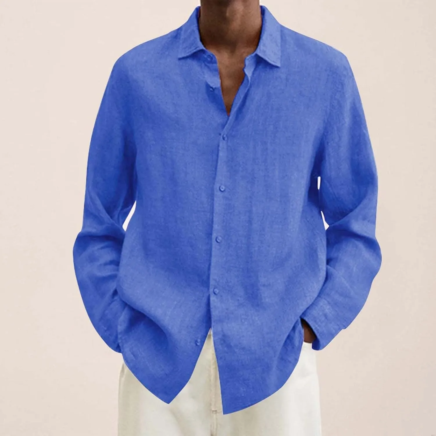 Cotton Linen Long Sleeve Button Down Shirts for Men Casual Solid Lapel Quick Dry Regular Fit Lightweight Breathable Tops