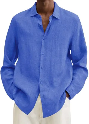 Cotton Linen Long Sleeve Button Down Shirts for Men Casual Solid Lapel Quick Dry Regular Fit Lightweight Breathable Tops