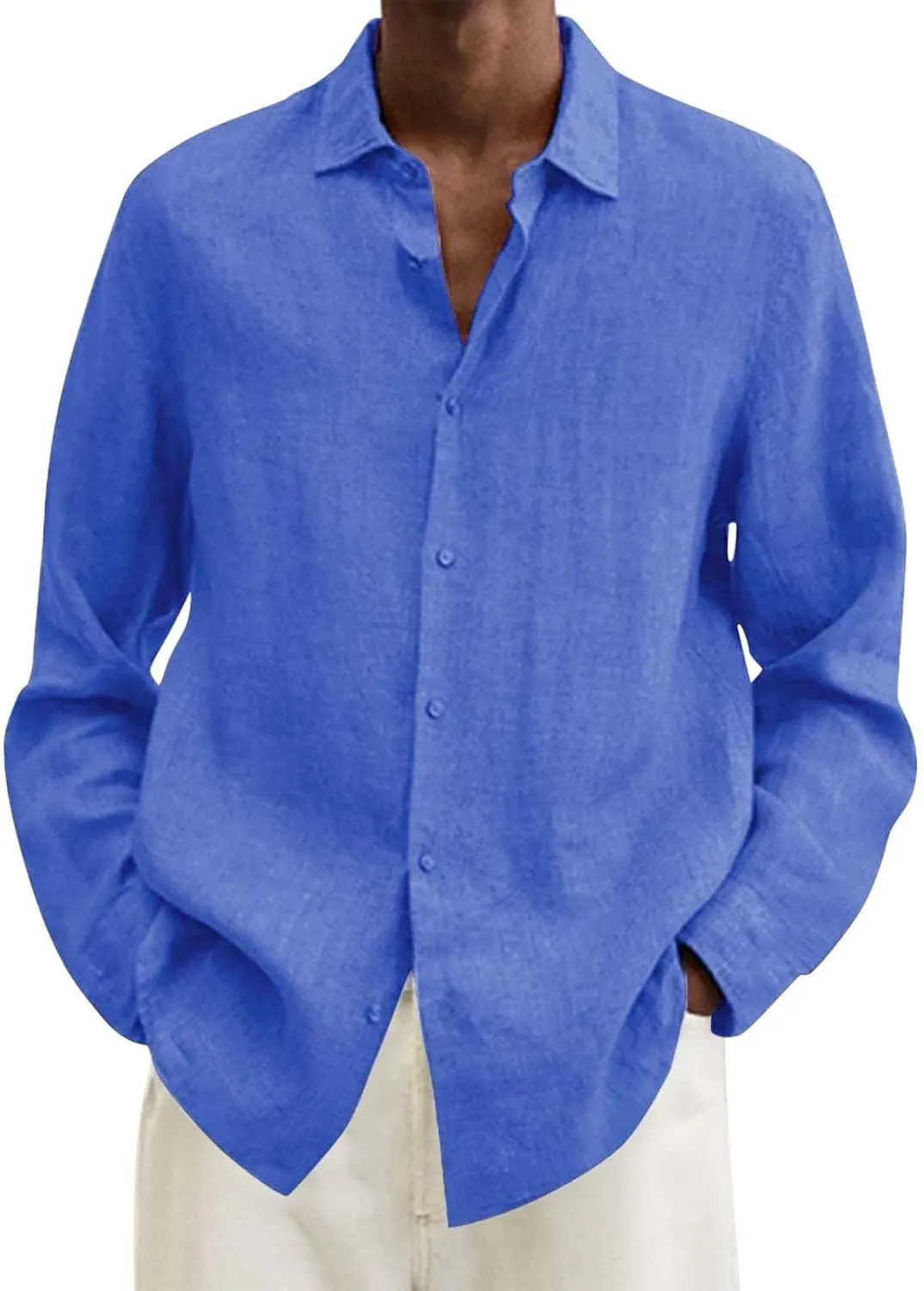 Cotton Linen Long Sleeve Button Down Shirts for Men Casual Solid Lapel Quick Dry Regular Fit Lightweight Breathable Tops