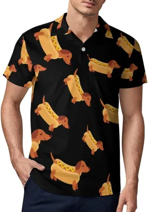 Dachshund in Hot Dog Bun with Mustard Men's Polo Shirt Short Sleeve Print T Shirt Slim Fit Golf Shirt Collared Tee Casual Top