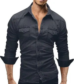 Denim Button Down Shirt Men Casual Pearl Snap Denim Shirts Long Sleeve Slim Fit Western Shirt Retro Jean Shirts