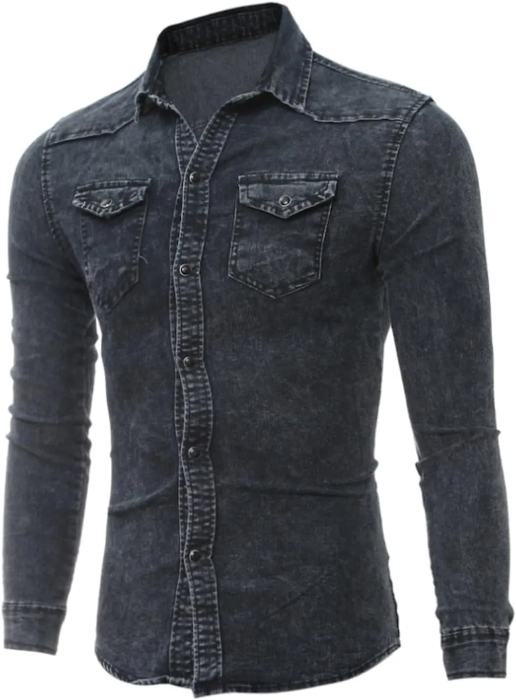 Denim Button Down Shirt Men Casual Pearl Snap Denim Shirts Long Sleeve Slim Fit Western Shirt Retro Jean Shirts