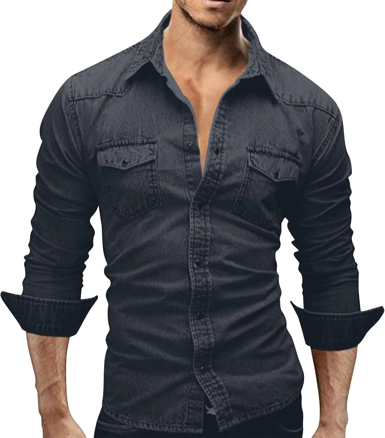 Denim Button Down Shirt Men Casual Pearl Snap Denim Shirts Long Sleeve Slim Fit Western Shirt Retro Jean Shirts