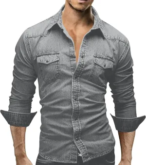 Denim Button Down Shirt Men Casual Pearl Snap Denim Shirts Long Sleeve Slim Fit Western Shirt Retro Jean Shirts