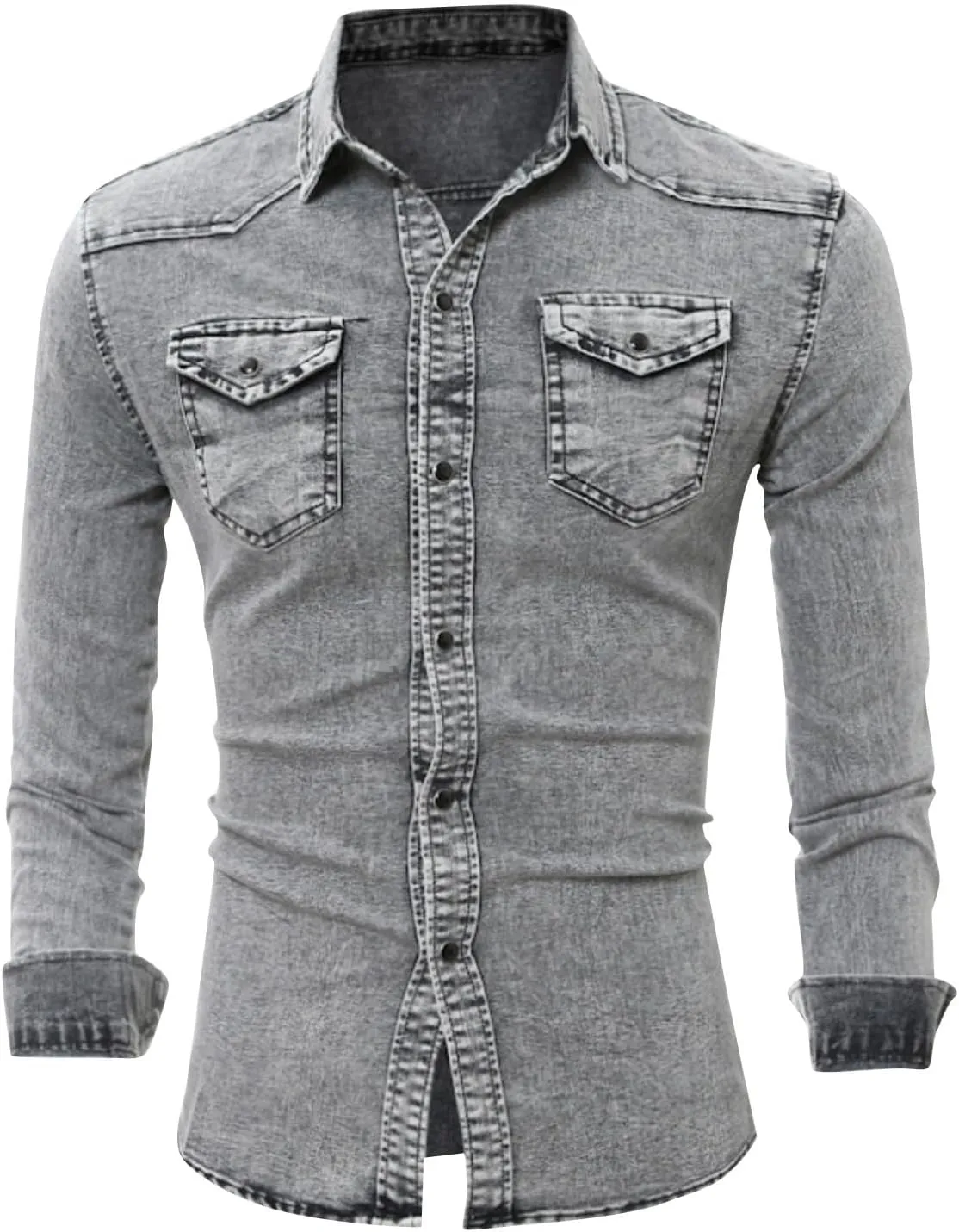 Denim Button Down Shirt Men Casual Pearl Snap Denim Shirts Long Sleeve Slim Fit Western Shirt Retro Jean Shirts