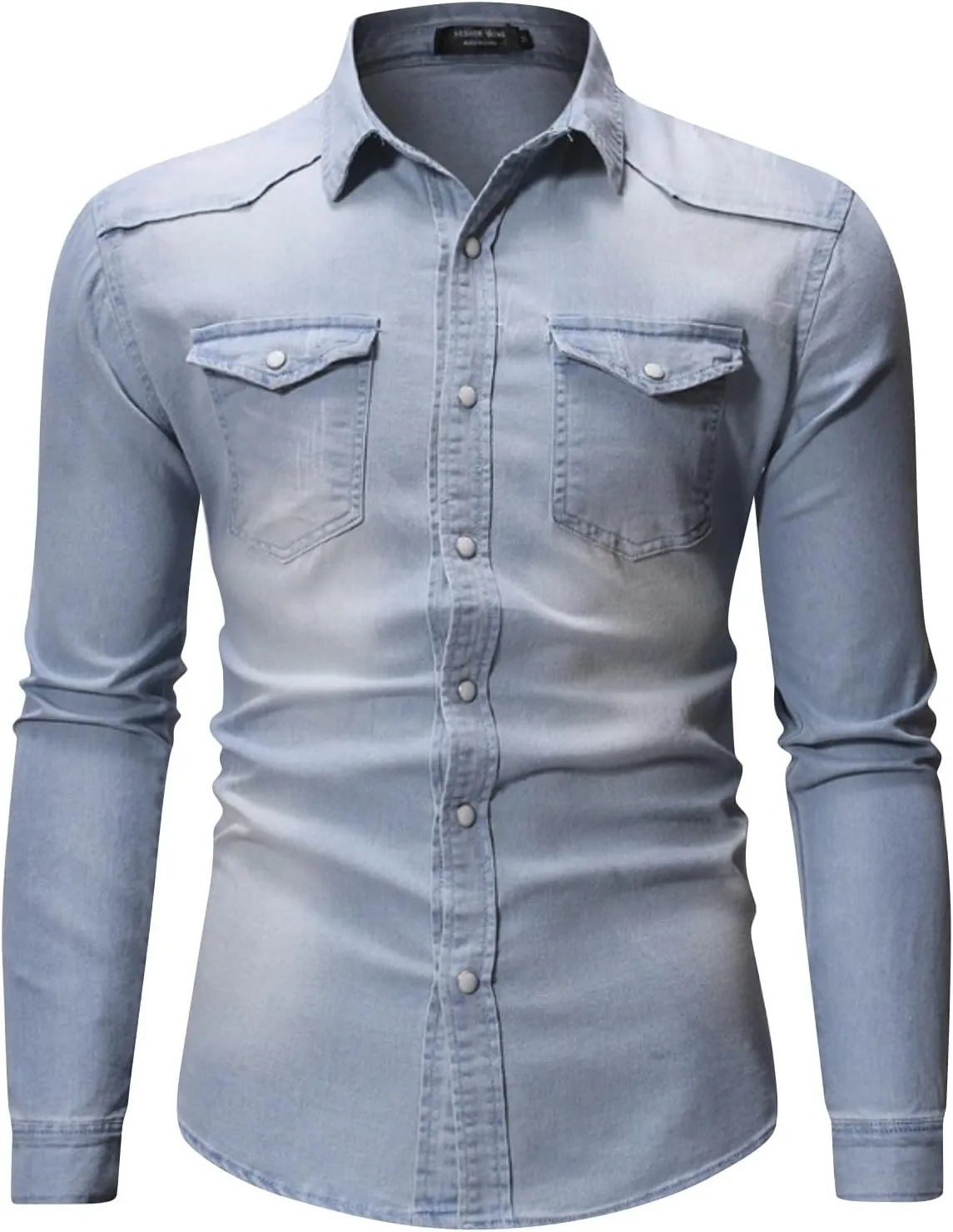 Denim Button Down Shirt Men Casual Pearl Snap Denim Shirts Long Sleeve Slim Fit Western Shirt Retro Jean Shirts