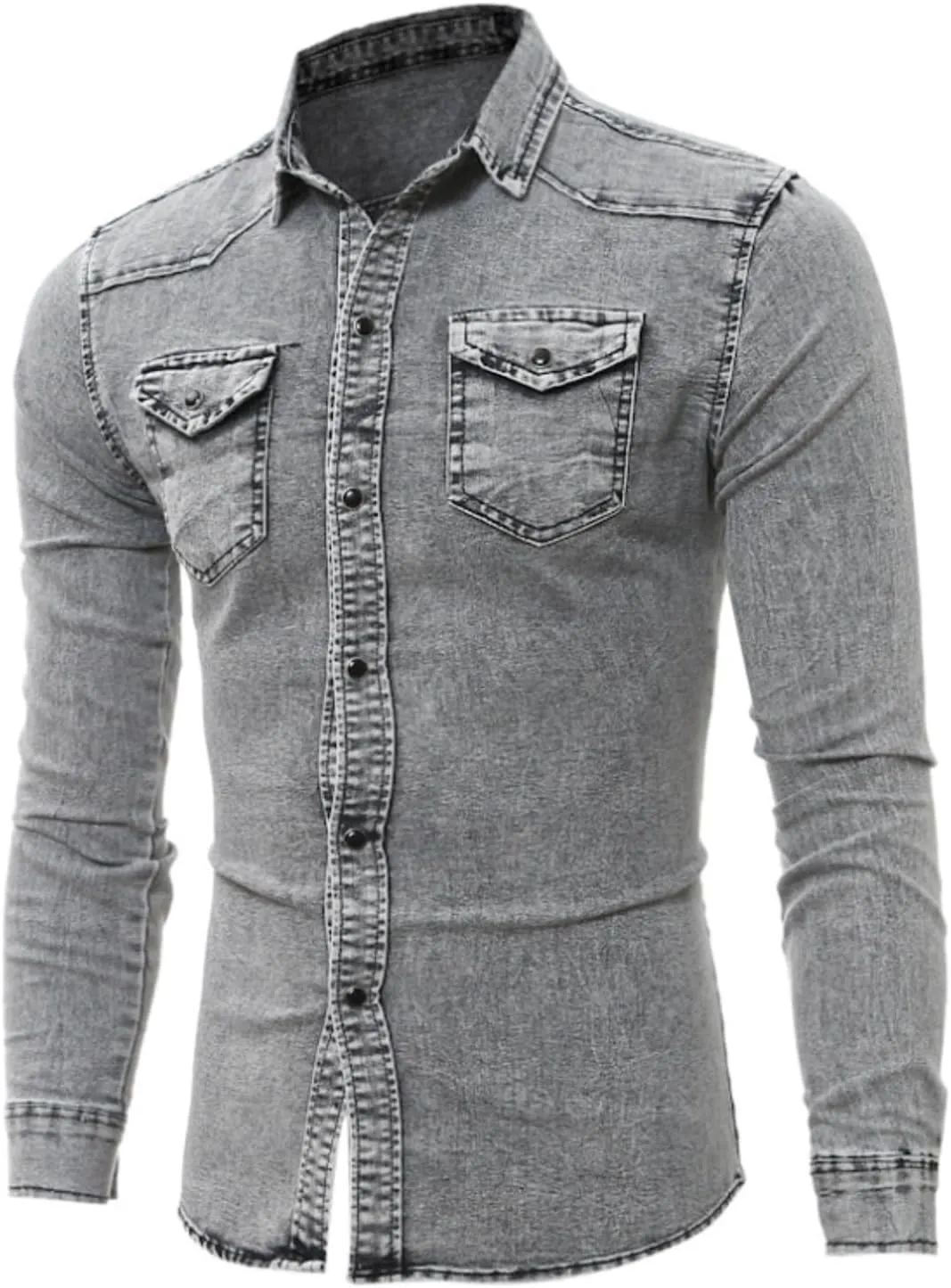 Denim Button Down Shirt Men Casual Pearl Snap Denim Shirts Long Sleeve Slim Fit Western Shirt Retro Jean Shirts