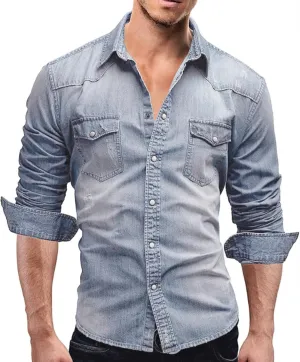 Denim Button Down Shirt Men Casual Pearl Snap Denim Shirts Long Sleeve Slim Fit Western Shirt Retro Jean Shirts