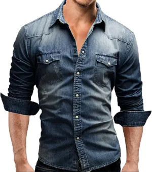 Denim Button Down Shirt Men Casual Pearl Snap Denim Shirts Long Sleeve Slim Fit Western Shirt Retro Jean Shirts