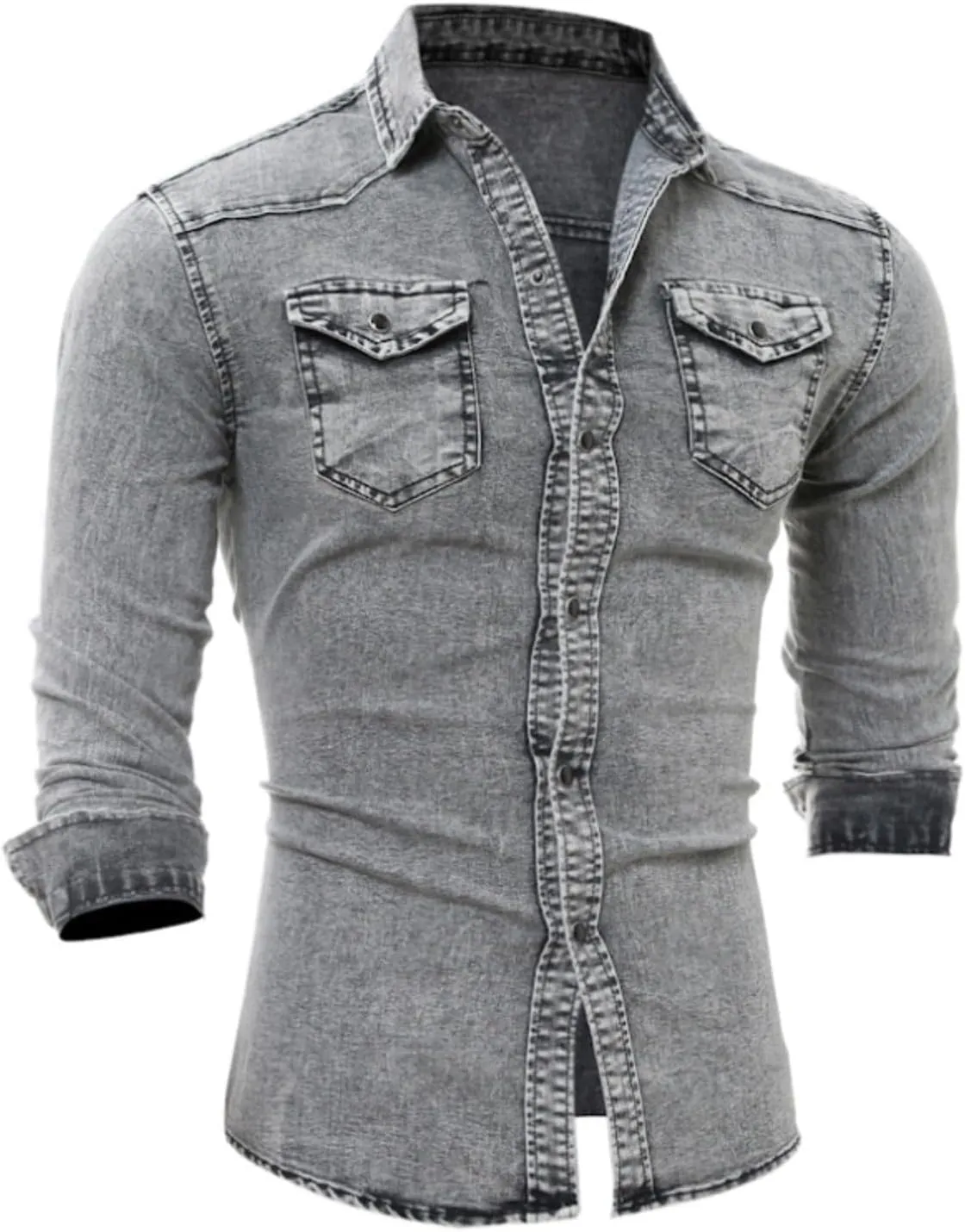 Denim Button Down Shirt Men Casual Pearl Snap Denim Shirts Long Sleeve Slim Fit Western Shirt Retro Jean Shirts