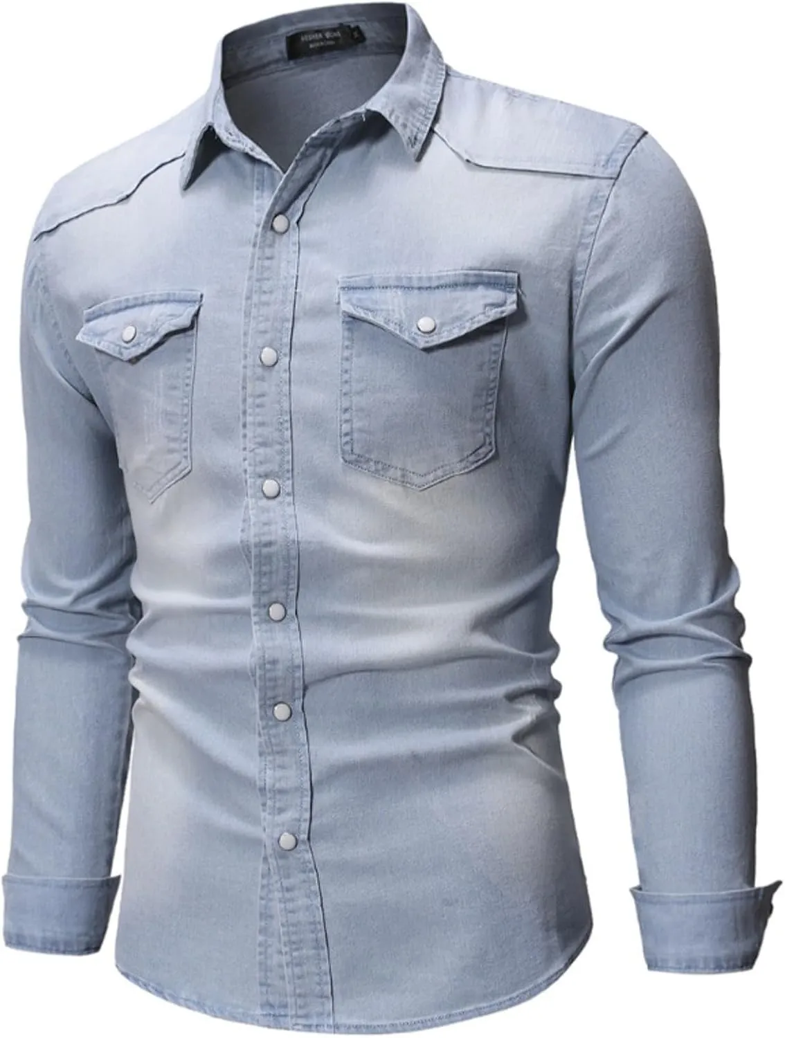 Denim Button Down Shirt Men Casual Pearl Snap Denim Shirts Long Sleeve Slim Fit Western Shirt Retro Jean Shirts