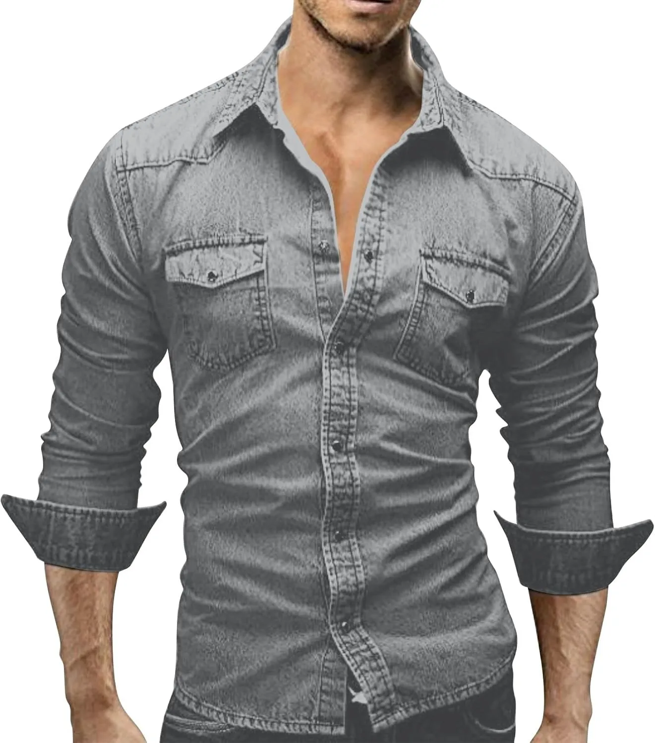 Denim Button Down Shirt Men Casual Pearl Snap Denim Shirts Long Sleeve Slim Fit Western Shirt Retro Jean Shirts