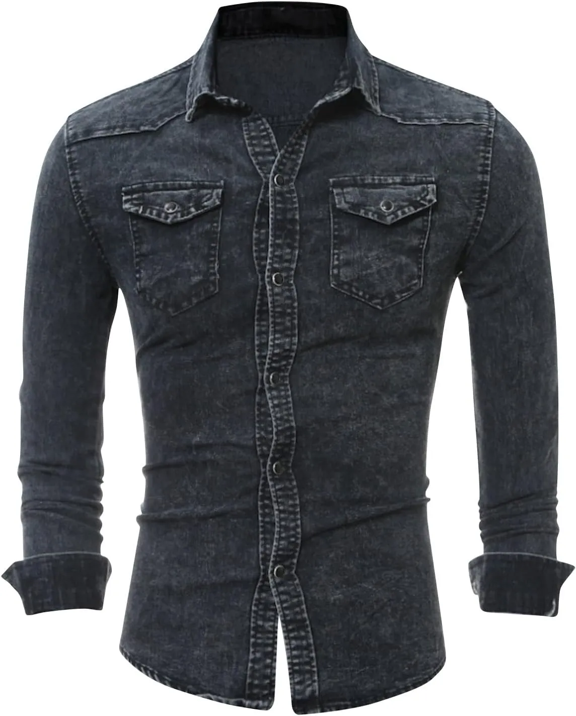 Denim Button Down Shirt Men Casual Pearl Snap Denim Shirts Long Sleeve Slim Fit Western Shirt Retro Jean Shirts