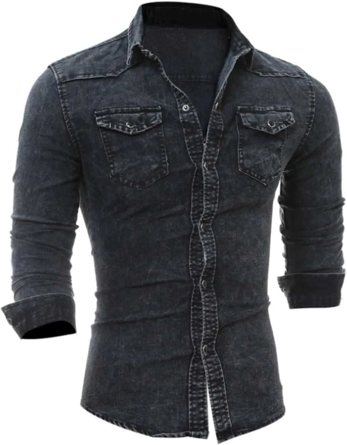 Denim Button Down Shirt Men Casual Pearl Snap Denim Shirts Long Sleeve Slim Fit Western Shirt Retro Jean Shirts