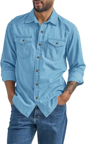 Denim Button Down Shirt Men Long Sleeve T-Shirts with Pockets Classic Fit Work Tops Vintage Western Cowboy Clothes