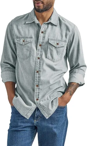 Denim Button Down Shirt Men Long Sleeve T-Shirts with Pockets Classic Fit Work Tops Vintage Western Cowboy Clothes