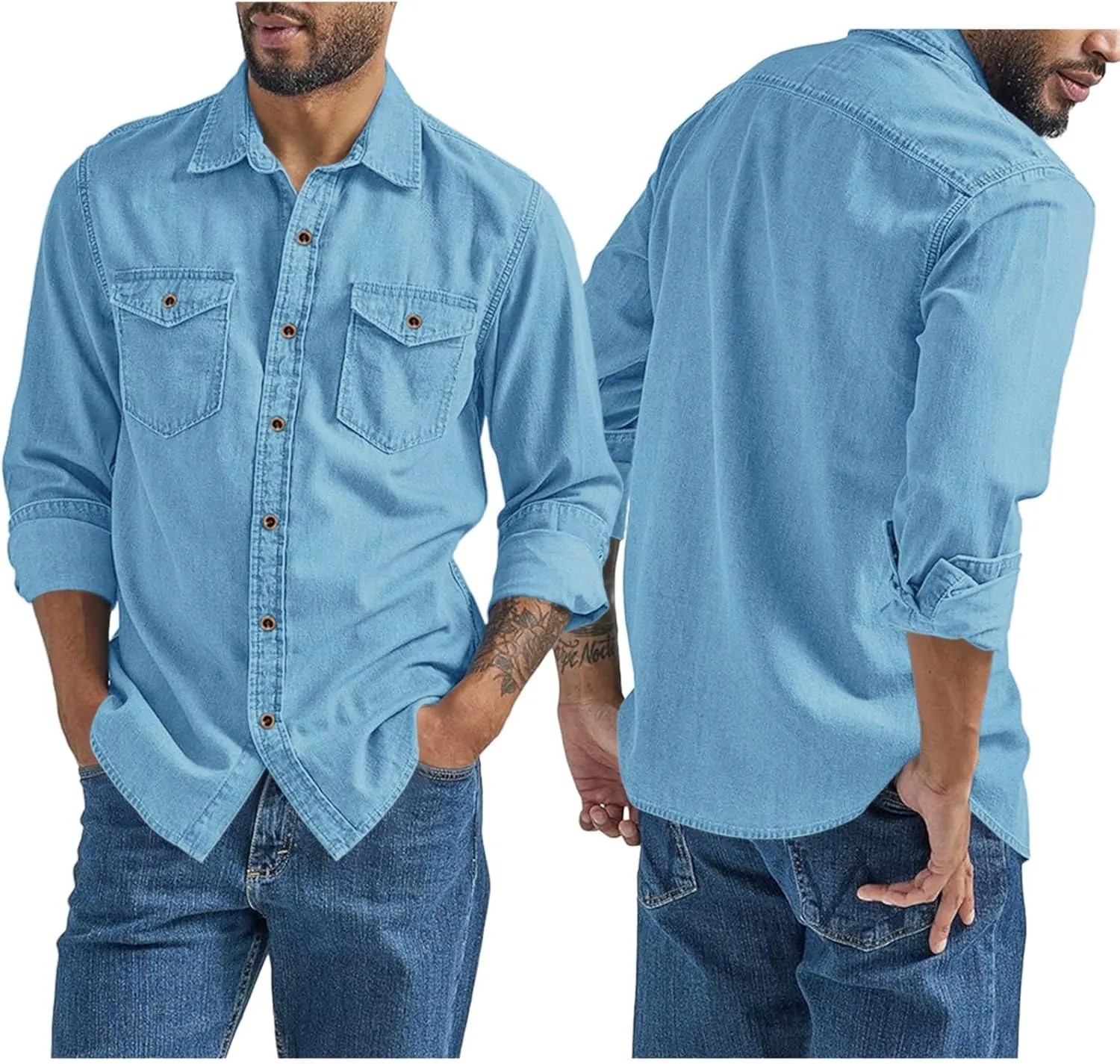Denim Button Down Shirt Men Long Sleeve T-Shirts with Pockets Classic Fit Work Tops Vintage Western Cowboy Clothes
