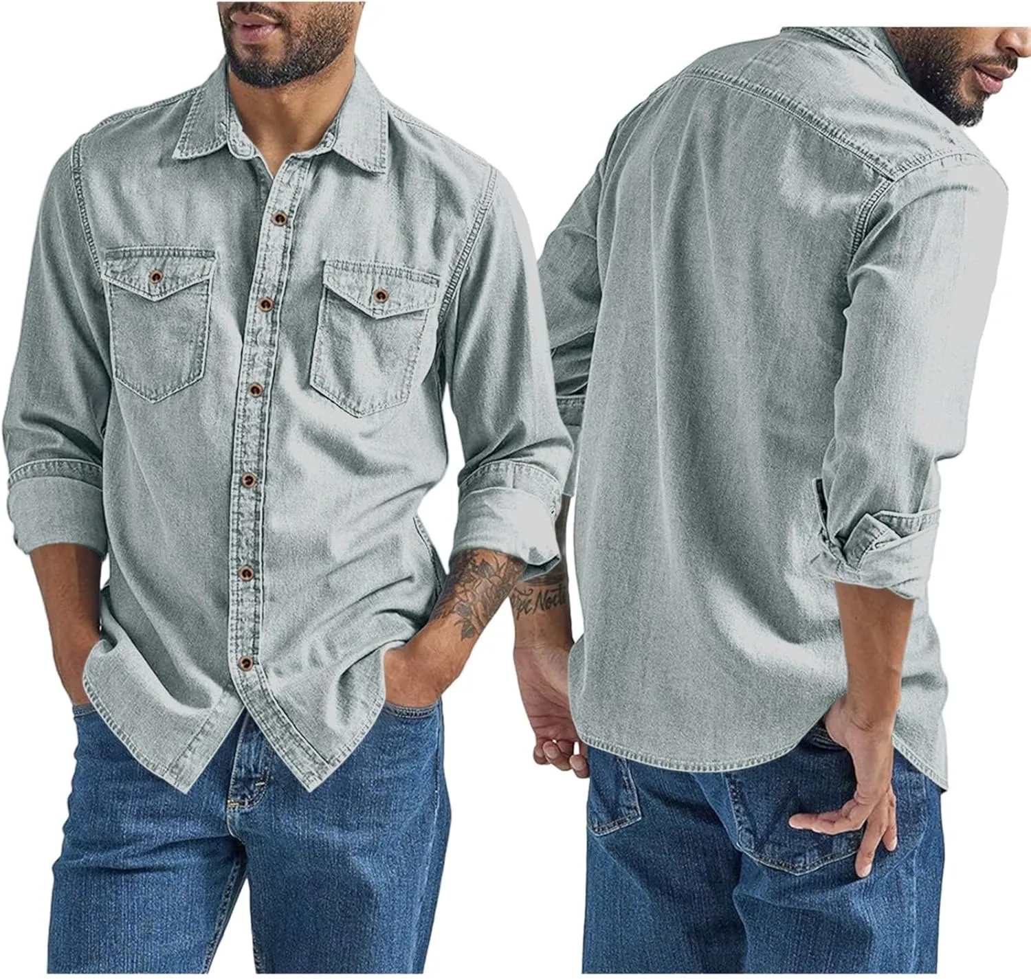Denim Button Down Shirt Men Long Sleeve T-Shirts with Pockets Classic Fit Work Tops Vintage Western Cowboy Clothes