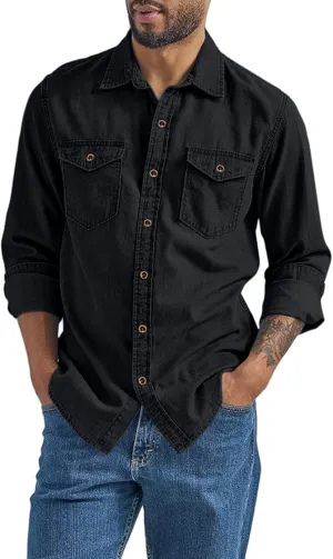 Denim Button Down Shirt Men Long Sleeve T-Shirts with Pockets Classic Fit Work Tops Vintage Western Cowboy Clothes