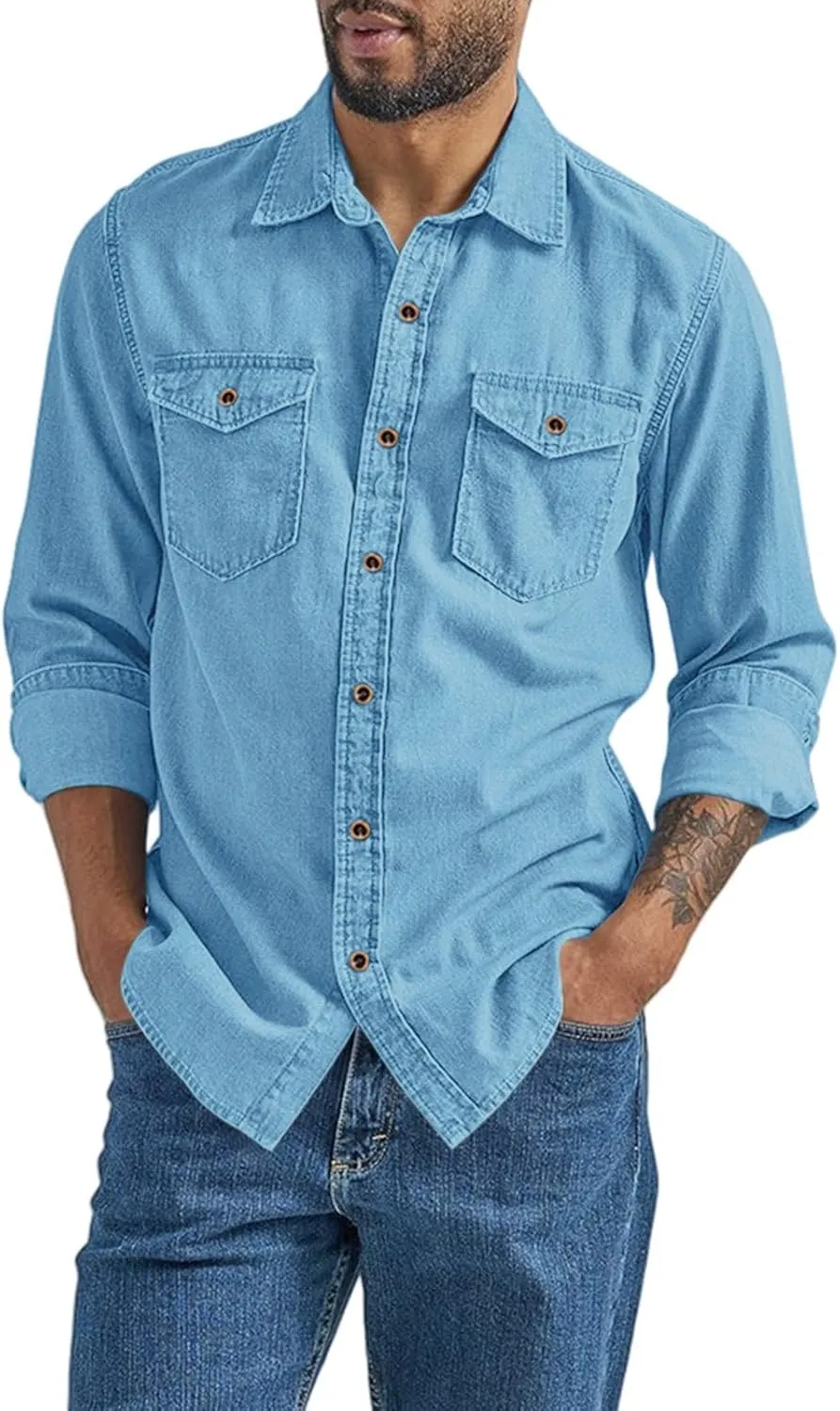 Denim Button Down Shirt Men Long Sleeve T-Shirts with Pockets Classic Fit Work Tops Vintage Western Cowboy Clothes