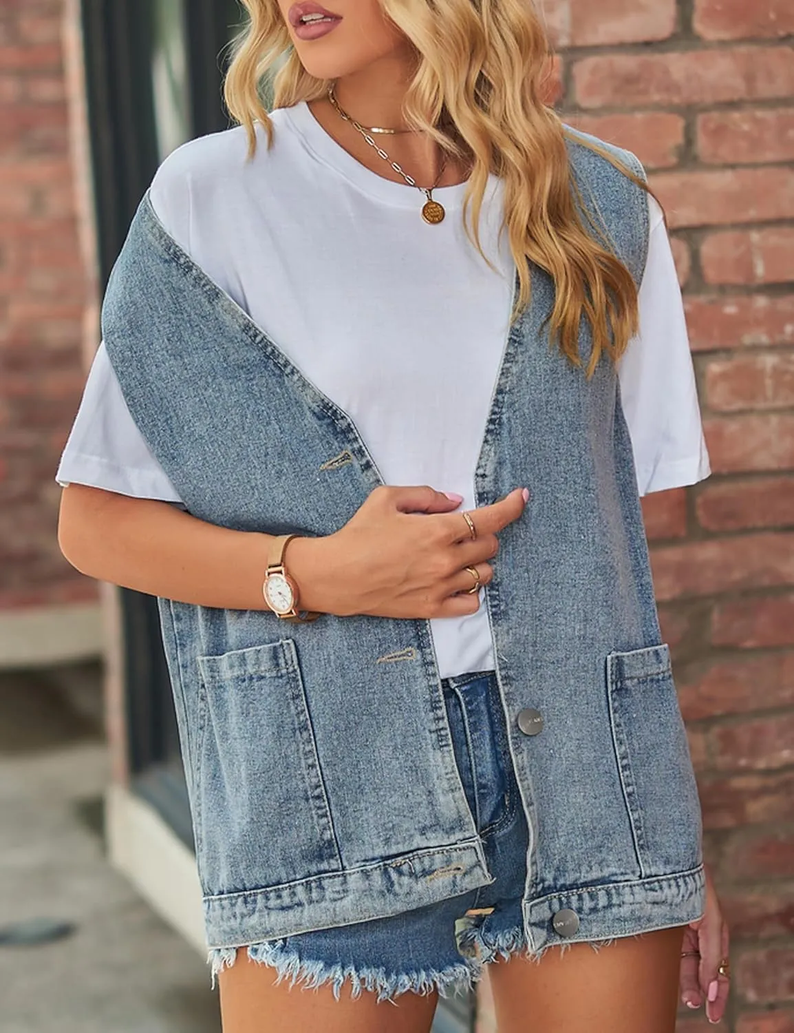 Denim Jean Vest for Women Oversized Lightweight Collarless Sleeveless Button Down Denim Waistcoat Jacket