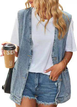 Denim Jean Vest for Women Oversized Lightweight Collarless Sleeveless Button Down Denim Waistcoat Jacket
