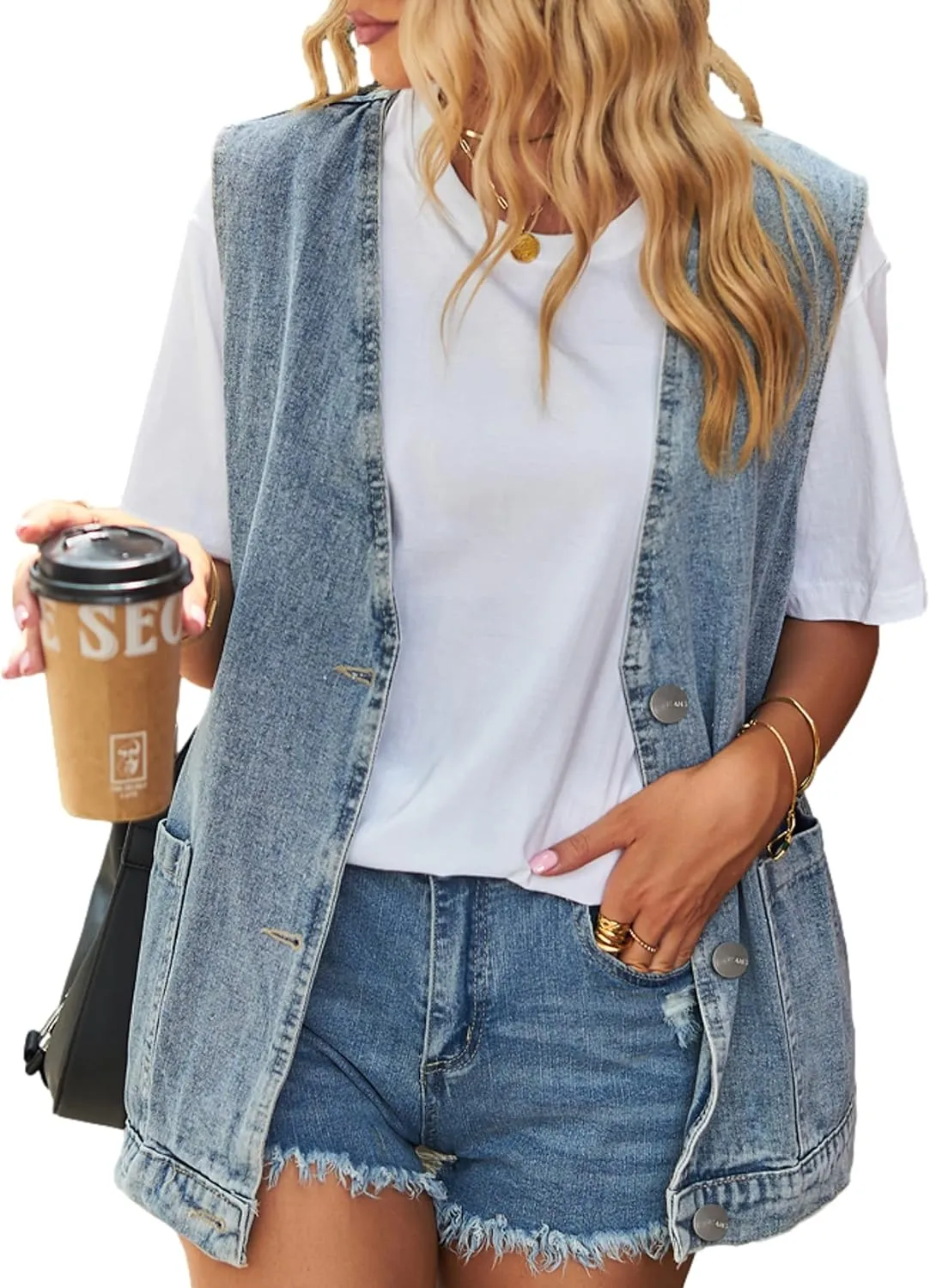 Denim Jean Vest for Women Oversized Lightweight Collarless Sleeveless Button Down Denim Waistcoat Jacket