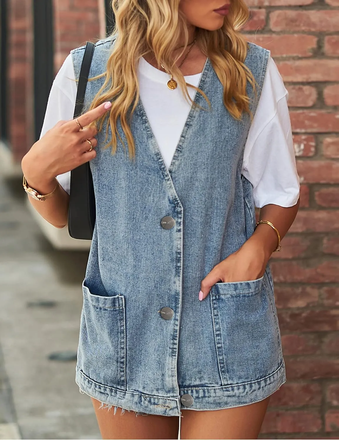 Denim Jean Vest for Women Oversized Lightweight Collarless Sleeveless Button Down Denim Waistcoat Jacket