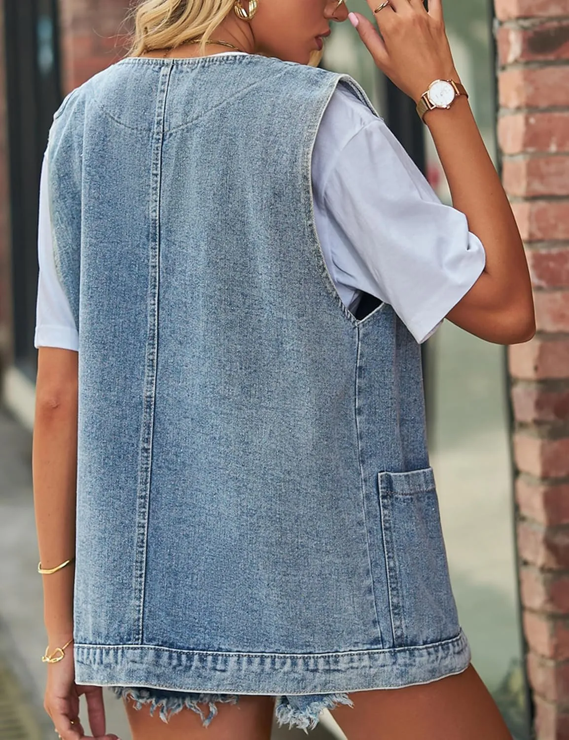 Denim Jean Vest for Women Oversized Lightweight Collarless Sleeveless Button Down Denim Waistcoat Jacket