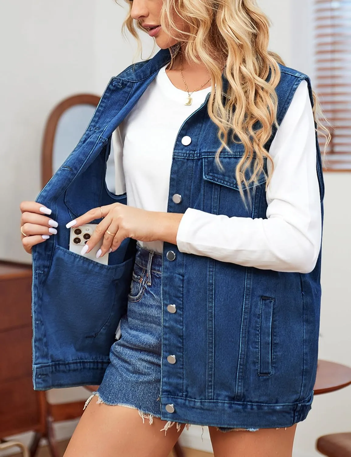 Denim Jean Vest for Women Oversized Sleeveless Mid Long Button Down Denim Waistcoat