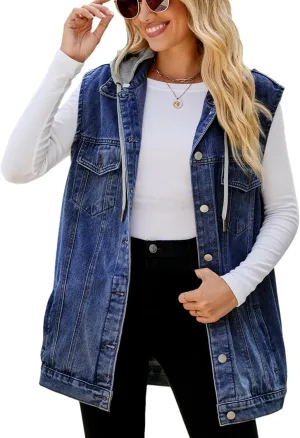 Denim Jean Vest for Women Oversized Sleeveless Mid Long Button Down Denim Waistcoat