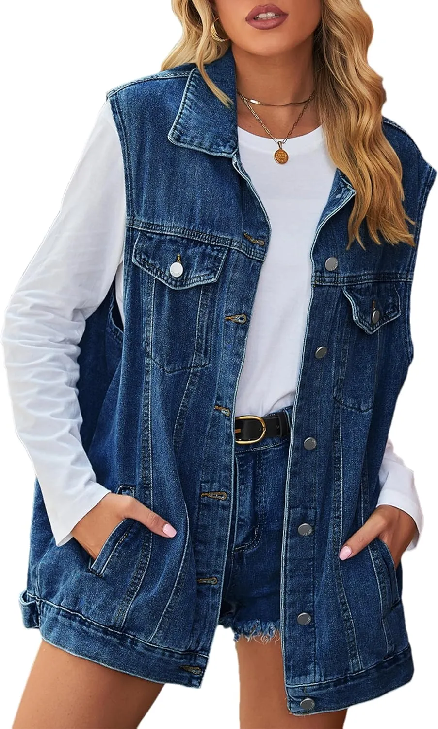 Denim Jean Vest for Women Oversized Sleeveless Mid Long Button Down Denim Waistcoat