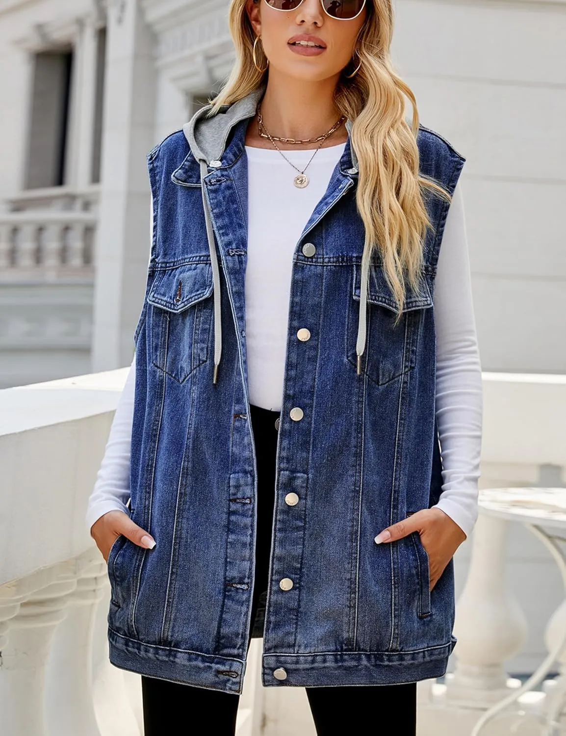 Denim Jean Vest for Women Oversized Sleeveless Mid Long Button Down Denim Waistcoat
