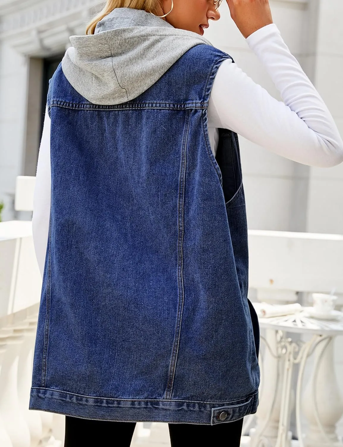 Denim Jean Vest for Women Oversized Sleeveless Mid Long Button Down Denim Waistcoat
