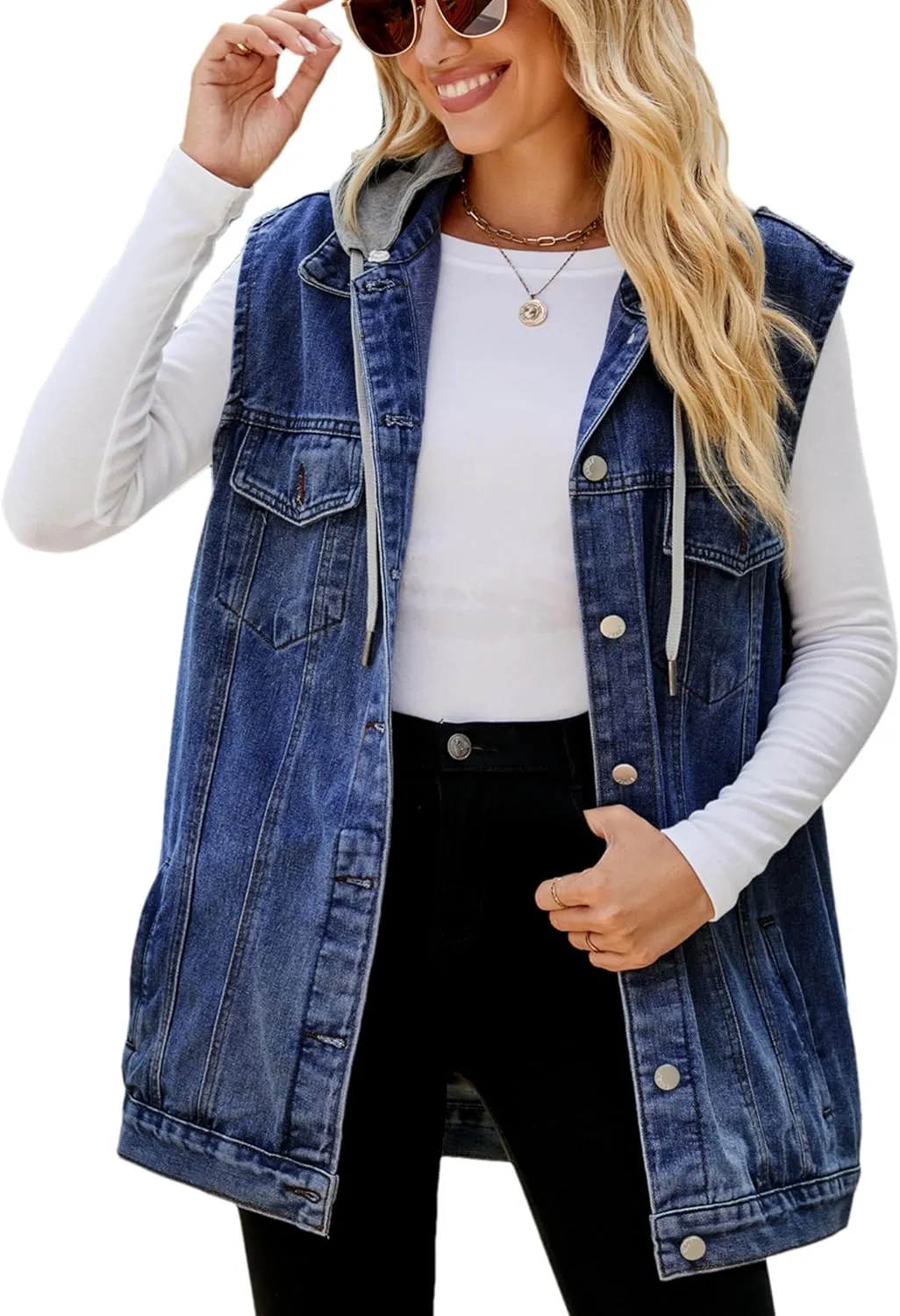 Denim Jean Vest for Women Oversized Sleeveless Mid Long Button Down Denim Waistcoat