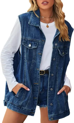 Denim Jean Vest for Women Oversized Sleeveless Mid Long Button Down Denim Waistcoat