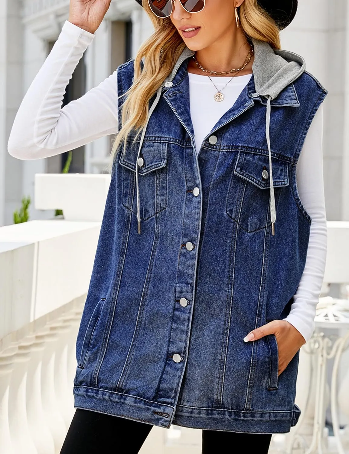 Denim Jean Vest for Women Oversized Sleeveless Mid Long Button Down Denim Waistcoat