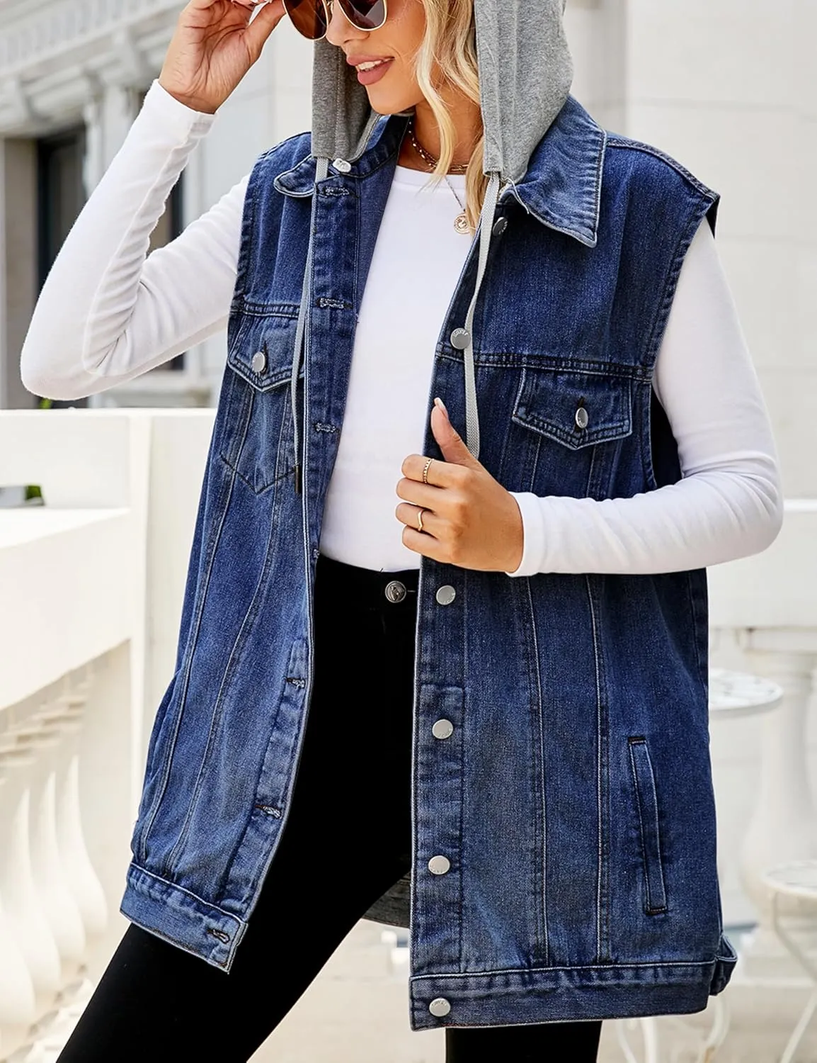 Denim Jean Vest for Women Oversized Sleeveless Mid Long Button Down Denim Waistcoat