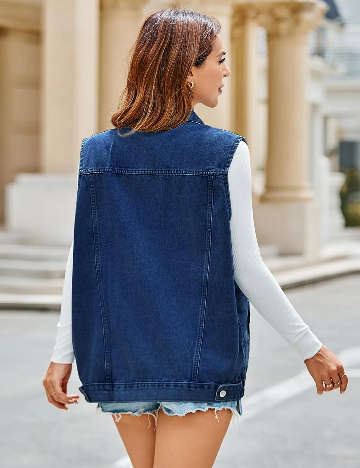 Denim Jean Vest for Women Oversized Sleeveless Mid Long Button Down Denim Waistcoat