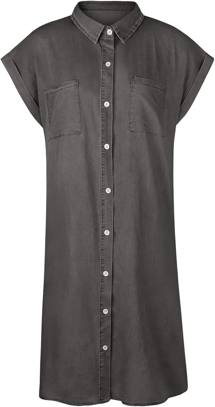 Denim Shirt Dress Women Summer Trendy Denim Dress with Pockets Denim Button Down Jean Shirt Dresses Tshirt Mini Dress