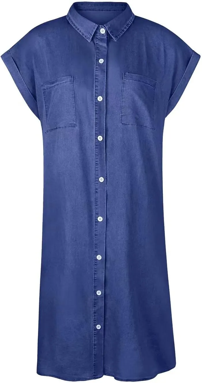 Denim Shirt Dress Women Summer Trendy Denim Dress with Pockets Denim Button Down Jean Shirt Dresses Tshirt Mini Dress