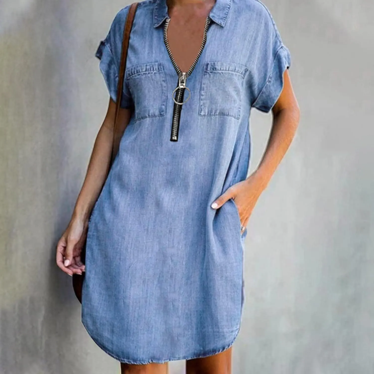 Denim Shirt Dress Women Summer Trendy Denim Dress with Pockets Denim Button Down Jean Shirt Dresses Tshirt Mini Dress