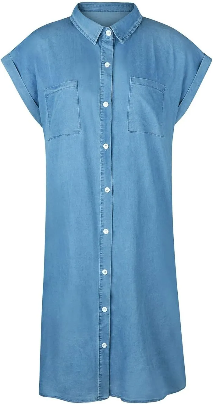 Denim Shirt Dress Women Summer Trendy Denim Dress with Pockets Denim Button Down Jean Shirt Dresses Tshirt Mini Dress