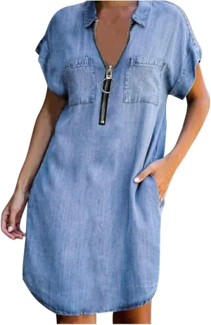 Denim Shirt Dress Women Summer Trendy Denim Dress with Pockets Denim Button Down Jean Shirt Dresses Tshirt Mini Dress