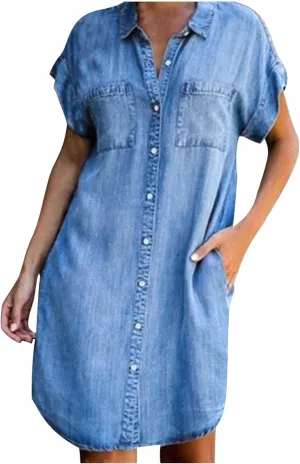 Denim Shirt Dress Women Summer Trendy Denim Dress with Pockets Denim Button Down Jean Shirt Dresses Tshirt Mini Dress