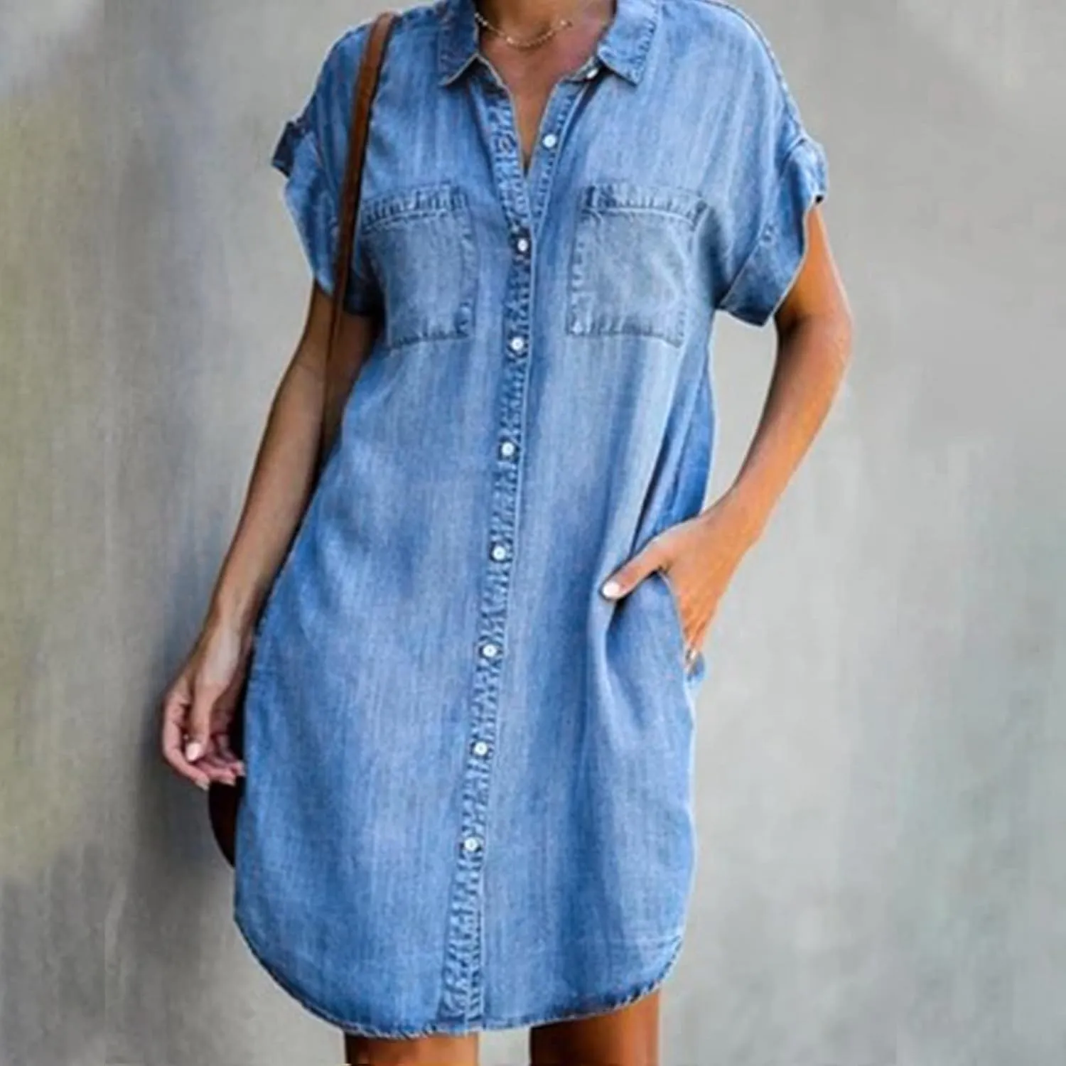 Denim Shirt Dress Women Summer Trendy Denim Dress with Pockets Denim Button Down Jean Shirt Dresses Tshirt Mini Dress