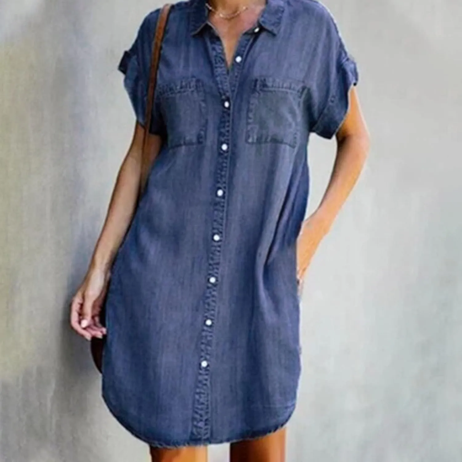 Denim Shirt Dress Women Summer Trendy Denim Dress with Pockets Denim Button Down Jean Shirt Dresses Tshirt Mini Dress
