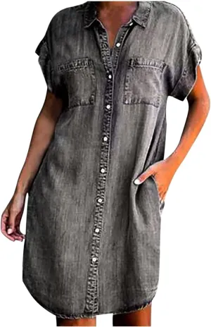 Denim Shirt Dress Women Summer Trendy Denim Dress with Pockets Denim Button Down Jean Shirt Dresses Tshirt Mini Dress