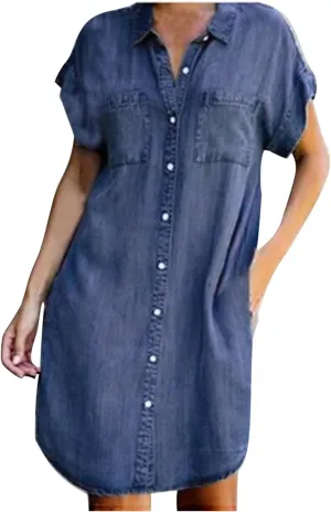 Denim Shirt Dress Women Summer Trendy Denim Dress with Pockets Denim Button Down Jean Shirt Dresses Tshirt Mini Dress