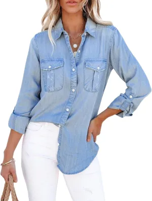 Denim Shirt Women Jean Western Shirts Long Sleeve Button Down Tops Denim Shirt Jacket Women